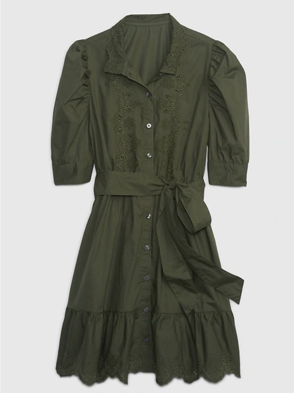 GAP Olive Green Puff Sleeve Eyelet Mini Dress Size Medium - C11-282 - Picture 1 of 9